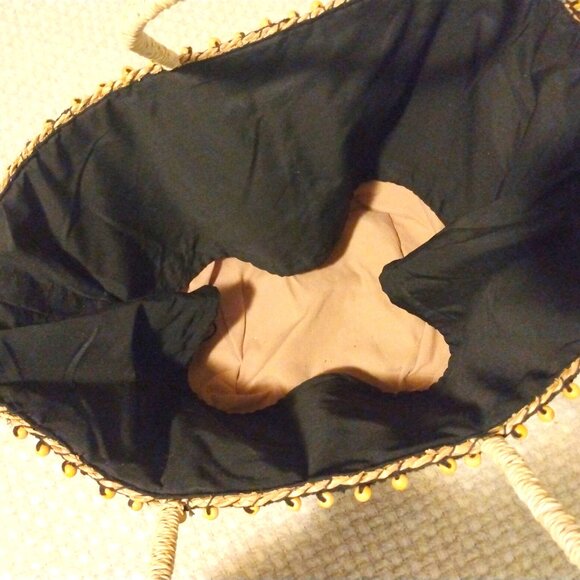 Handmade Braided Straw Basket Tote Boho Crochet Beaded Trim Drawstring Bag - Picture 7 of 10